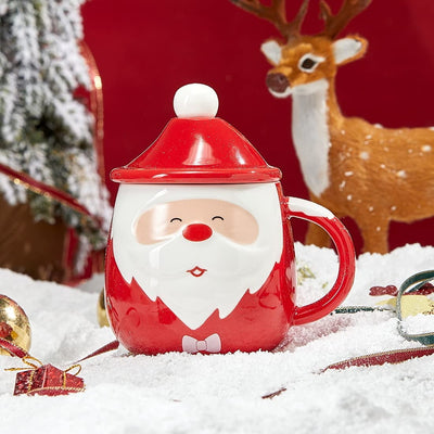 Santa Claus Christmas Festive Face Mug with Spoon & Santa Hat Lid - Ceramic Microwave & Dishwasher Safe - 14oz Holiday Mugs for Coffee, Hot Chocolate, Eggnog - Merry Christmas, Thanksgiving, Winter