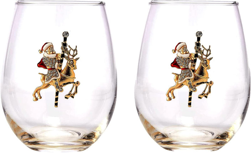 Set of 2 Stemless Christmas Wine Glasses Santa Riding Reindeer - Christmas Cheer for Holiday Gifts and Winter Season - 18 oz Stemless Santa Claus Wine Tumblers for Holiday Season and Winter by GUTE