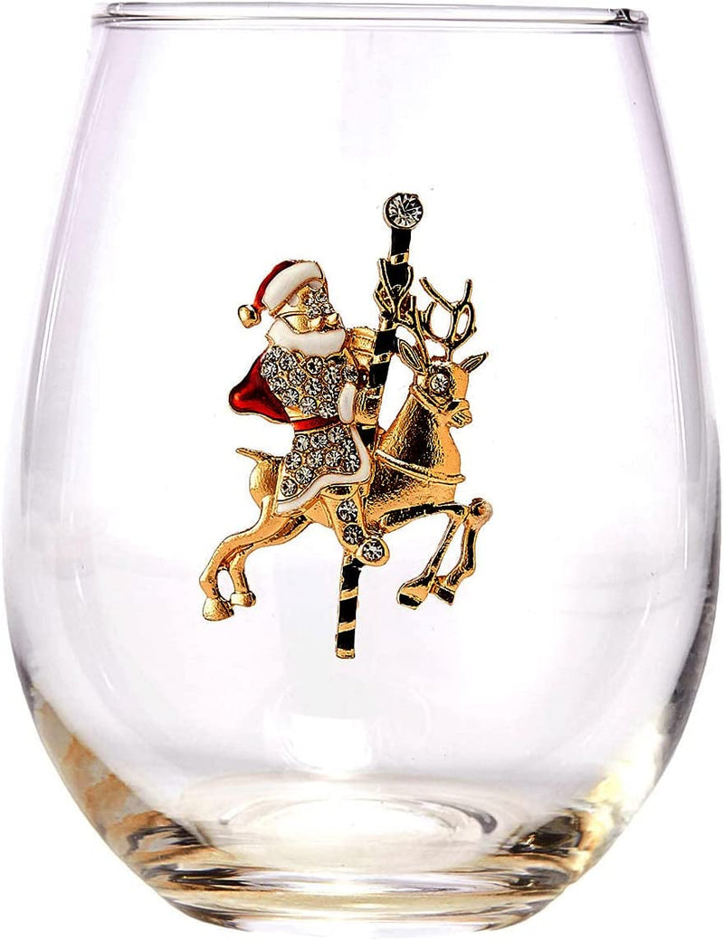 Set of 2 Stemless Christmas Wine Glasses Santa Riding Reindeer - Christmas Cheer for Holiday Gifts and Winter Season - 18 oz Stemless Santa Claus Wine Tumblers for Holiday Season and Winter by GUTE