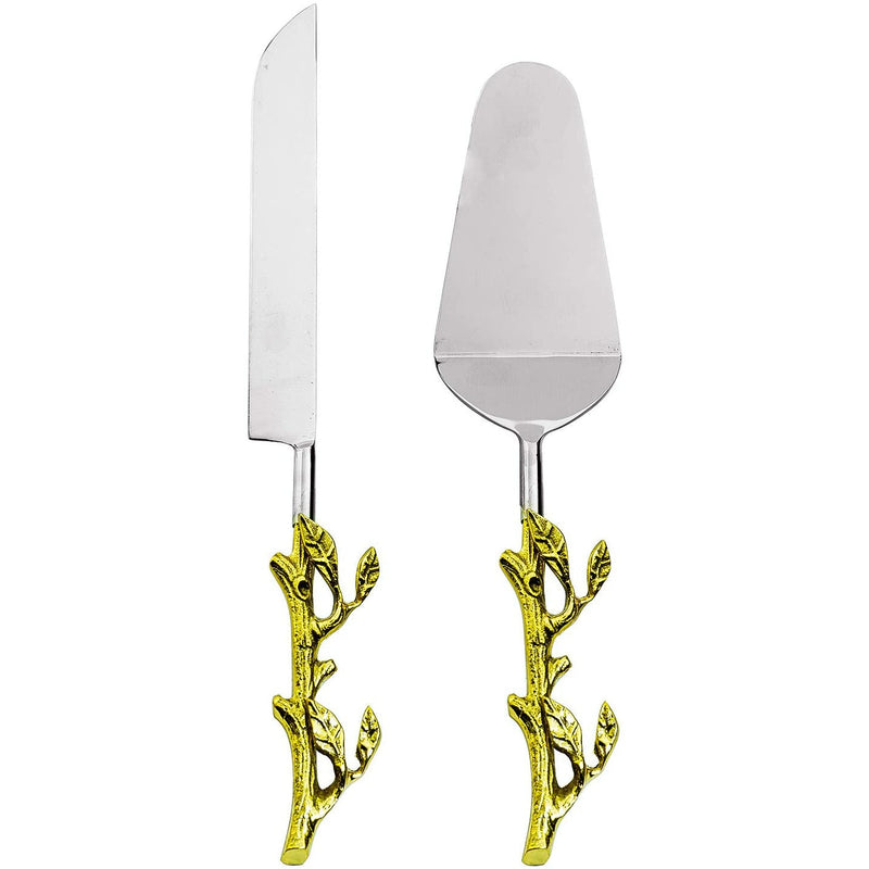 Gold Leaf Cake Servers 2 pcs Cake Knife and Serving Spatula Set Gold Leaf Design, Stainless Steel and Brass Two Tone Ideal for Weddings, Party&