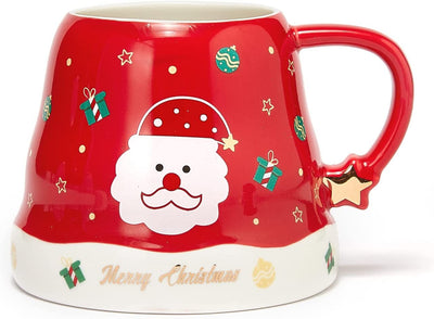 Santa's Christmas Tree Hat Mug Festive with Elf & Santas Hat Lid - Ceramic Microwave & Dishwasher Safe - 14oz Holiday Mugs for Coffee, Hot Chocolate, Eggnog - Merry Christmas - Red Great Gift!