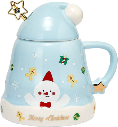 Snowman Christmas Tree Hat Mug Festive with Elf & Santas Hat Lid - Ceramic Microwave & Dishwasher Safe - 14oz Holiday Mugs for Coffee, Hot Chocolate, Eggnog - Merry Christmas - Blue Great Gift!