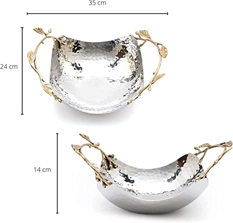 Decorative Silver Hammered Bowl Fruit Catch All Golden Leaves Vine, Stainless Steel Metal & Brass by Gute