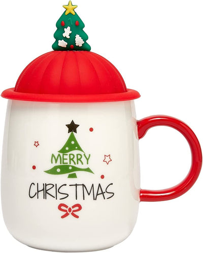 Merry Christmas Tree Reindeer Santa's Festive Mug with Trees Spoon &Lid - Ceramic Microwave & Dishwasher Safe - 14oz Holiday Mugs for Coffee, Hot Chocolate, Eggnog - Red & White - White Great Gift