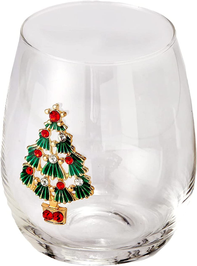 Set of 2 Stemless Christmas Tree Wine Glasses - Christmas Cheer for Holiday Gift and Winter Season - 18 oz Stemless Decorated Tree Ornament Wine Tumblers for Holiday Season and Winter by GUTE - 4.7" H