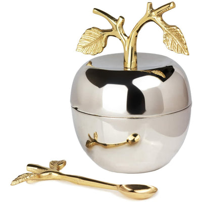 Apple & Leaf Honey Jar, Jam Server & with Dipper Spoon Ideal for Serving Honey, Jams, Jellies, Gorgeous Gold Leaf Spoon, Stainless Steel Silver & Brass, Rosh Hasahana & any Occasion