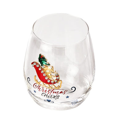 Set of 2 Stemless Christmas Wine Glasses Santa's Sleigh - Christmas Cheer for Holiday Gifts and Winter Season - 18 oz Stemless Santa Claus Wine Tumblers for Holiday Season and Winter by GUTE - 4.7" H