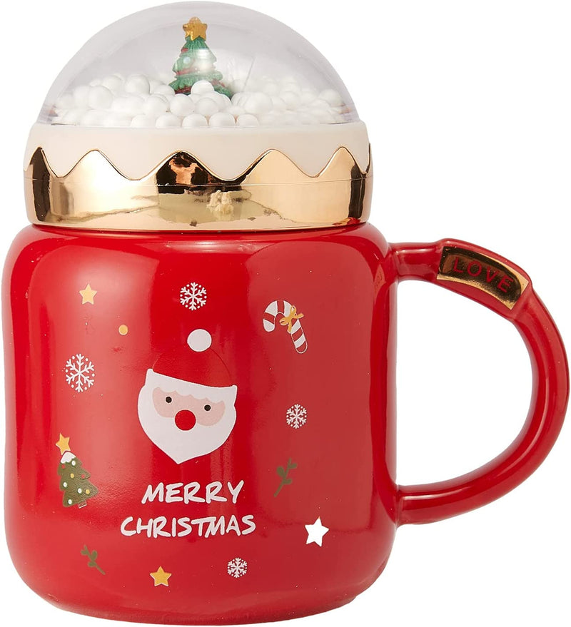 Red Christmas Mug Santa and Christmas Tree w/ Snow Globe Lid - Cute Coffee & Tea Milk Cup - Holiday Festive Gift, 13 oz Winter Season Cup, Cute Merry Santa, Candy Cane, Snowflake, Snowball Ceramic Mug