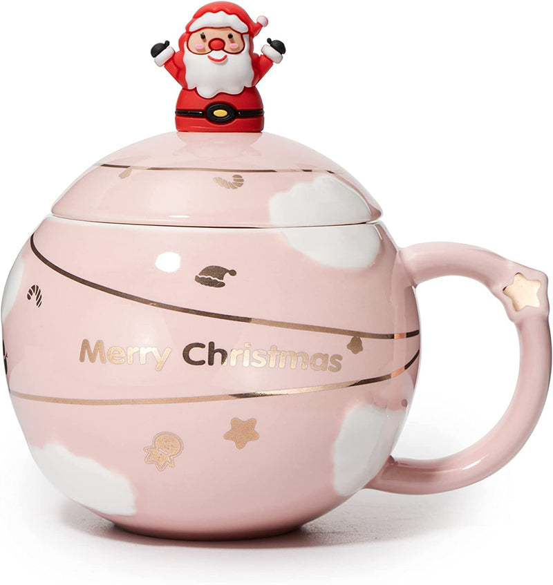 Christmas Coffee Mug Santa Red Lid with Spoon - Pink Globe Mug by GUTE - Holiday Seasonal Gift, 12 oz Winter Season Cup, Cute Merry Santa, Reindeer, Snowman, Ugly Christmas Sweater