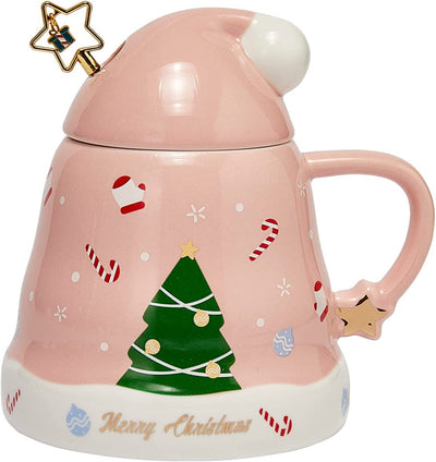 Holiday Christmas Tree Mug with a Hat Lid by Gute - 13.5oz Holiday Mug for Coffee, Hot Chocolate, Eggnog - Christmas, Thanksgiving, Winter, Birthday, Housewarming Gift (Light Pink)