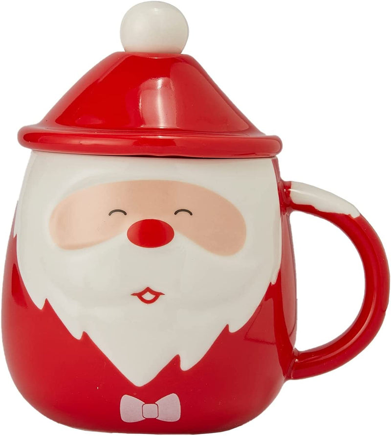 Santa Claus Christmas Festive Face Mug with Spoon & Santa Hat Lid - Ceramic Microwave & Dishwasher Safe - 14oz Holiday Mugs for Coffee, Hot Chocolate, Eggnog - Merry Christmas, Thanksgiving, Winter