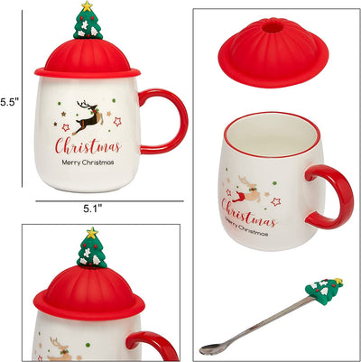 Christmas Tree Reindeer Santa's Festive Mug with Trees Spoon &Lid - Ceramic Microwave & Dishwasher Safe - 14oz Holiday Mugs for Coffee, Hot Chocolate, Eggnog - Merry Christmas - White Great Gift