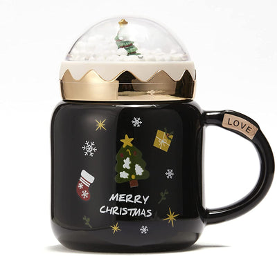 Christmas Tree Santa Snow Globe Mug Festive Mug with Winter Snow Globes Lid - Ceramic Microwave & Dishwasher Safe - 14oz Holiday Mugs for Coffee, Hot Chocolate, Eggnog - Merry Christmas - Black