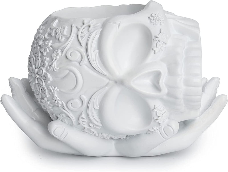 Skull Halloween Candy Bowl, Plant Planter Pot with Hand | Spooky Goth Gothic Home Decoration, Extra Large, Strong Resin, Skeleton Sweet Sugar Serving Tray, Skull and Bones Trick Or Treat Décor (White)