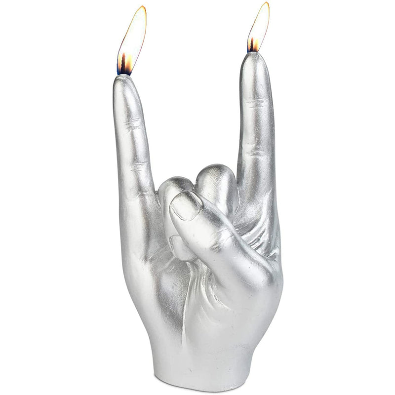 Gute Rock & Roll Hand Candle, Sign of The Horns Hand Gesture Candle, Gift for Music Lovers, Rockers, Bikers, Rock Lovers! - 15x10cm (Silver)