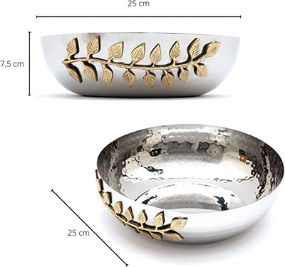 GUTE Decorative Silver Hammered Bowl Fruit Catch All, Golden Leaf Vine, Stainless Steel Metal & Brass, Gold Leaves Trim Accent Basket Fruit, Potpourri Living, Dining Room Table Home Decor 10" Dia