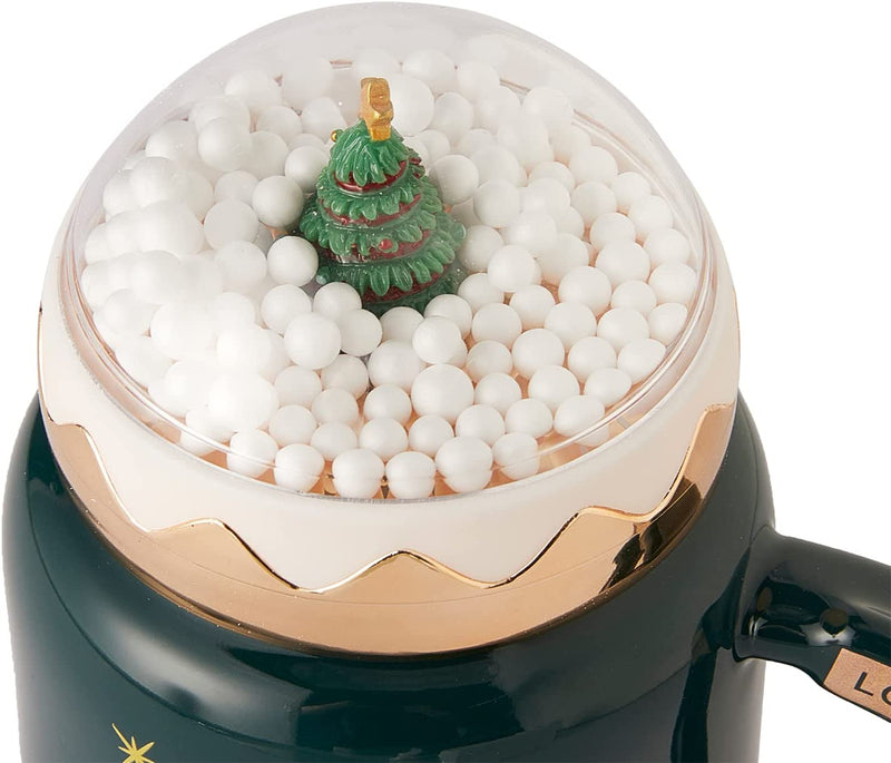 Green Christmas Mug Snowman and Christmas Tree Snow Globe Lid - Cute Coffee & Tea Milk Cup -Holiday Festive Gift, 13 oz Winter Season Cup, Cute Merry Snowman, Mistletoe, Present, Snowball Ceramic Mug