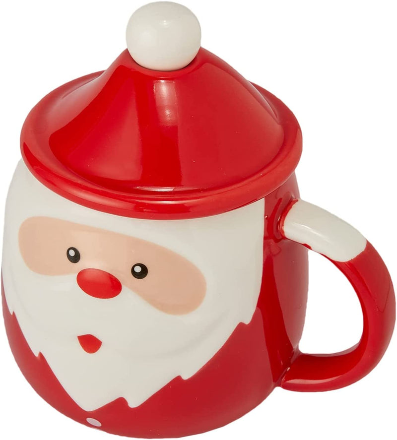 Santa Claus Christmas Festive Happy Face Mug with Spoon & Santa Hat Lid - Ceramic Microwave & Dishwasher Safe - 14oz Holiday Mugs for Coffee, Hot Chocolate, Eggnog - Merry Christmas, Thanksgiving