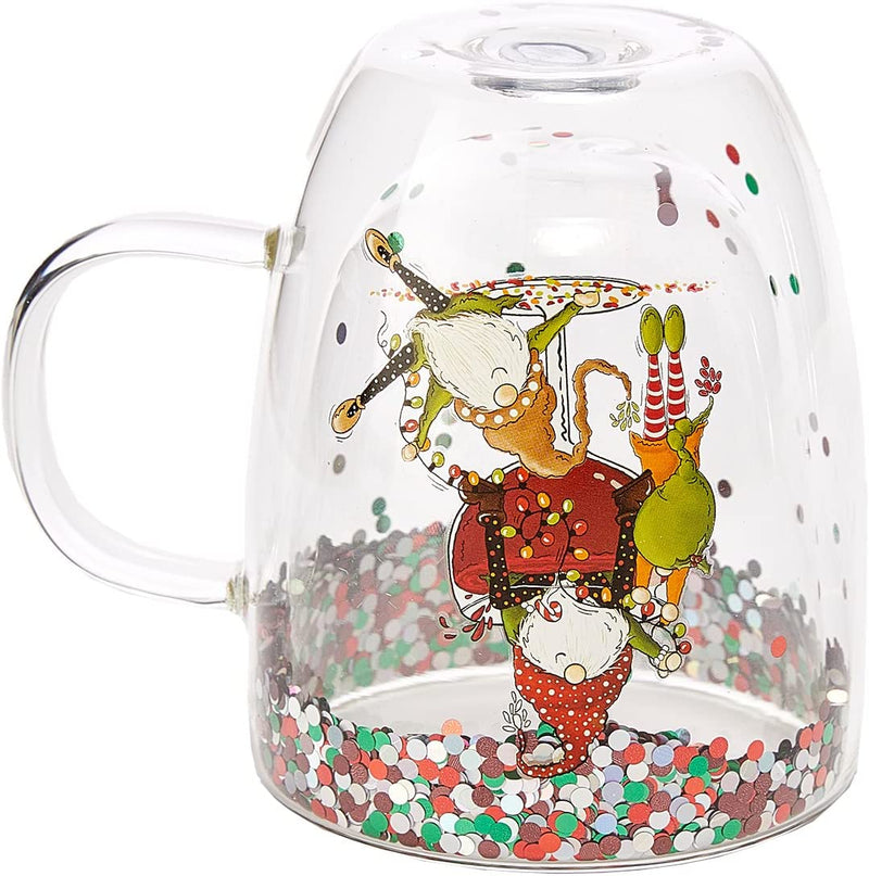 Set of 2 Christmas Elf Design Tumbler Mugs - Confetti Filled 9.5 oz Decorated Christmas Glass - Perfect for Wine, Eggnog, Cocoa, Holiday Parties & Festivities - 4.25" High, 9.5 oz Capacity