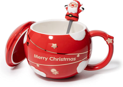 Christmas Kids Mug Santa Claus Large Festive Happy Spehre Mug - Santa Spoon & Lid - Red - Ceramic Microwave & Dishwasher Safe - 14oz Holiday Mugs - Coffee, Hot Chocolate, Eggnog - Merry Christmas Gift