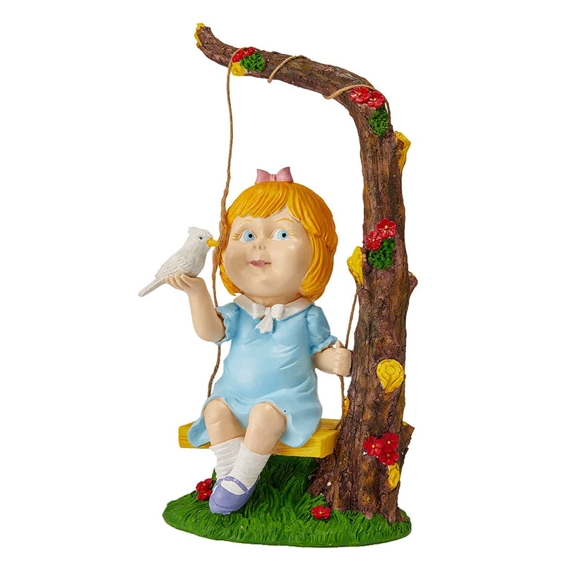 Large Fairy Girl On Tree Swing Holding Bird Statue Solar Light, Adorable Gardens Gnome Decor, Garden Art Décor | Durable Resistant Indoor & Outdoor Ornament LED Flowers Lawn, Yard, Patio, 9.5” x 19”
