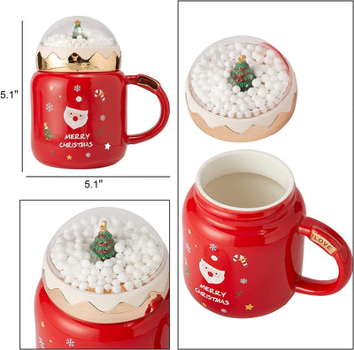 Red Christmas Mug Santa and Christmas Tree w/ Snow Globe Lid - Cute Coffee & Tea Milk Cup - Holiday Festive Gift, 13 oz Winter Season Cup, Cute Merry Santa, Candy Cane, Snowflake, Snowball Ceramic Mug