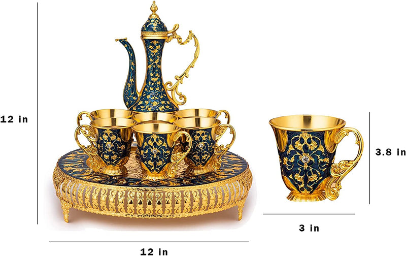 Vintage Extra Large Turkish Coffee & Tea Pot Set for 6 by Gute with Large Crystal Tray & Teapot Gold with Swarovski Style Crystals (Blue) 480ml - 6 Vintage Moroccan Tea Glasses 230ml Teacups Gold