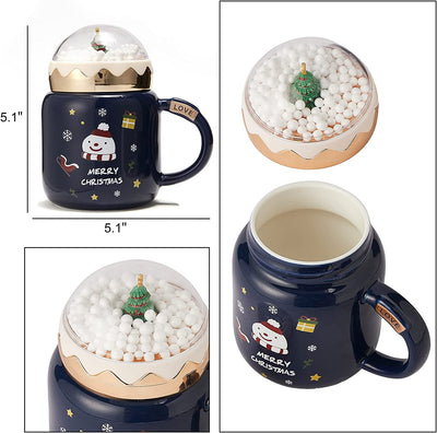 Christmas Tree Santa Snow Globe Mug Festive Mug with Winter Snow Globes Lid - Ceramic Microwave & Dishwasher Safe - 14oz Holiday Mugs for Coffee, Hot Chocolate, Eggnog - Merry - Blue, Great Gift!