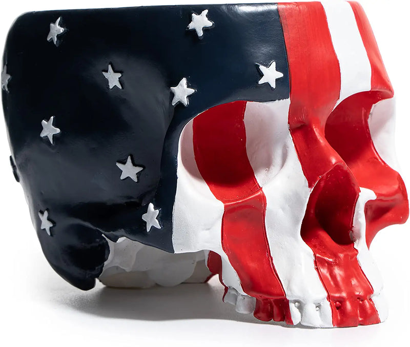 Skeleton Spooky Skull American Flag Plant Planter Pot 6" H Polyresin Skulls Pot for Succulents Outdoor & Indoor Plants & Flowers - Serving Bowl Halloween Goth Red, White, Blue Gifts