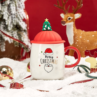 Christmas Mug, With Spoon on Tree - Merry Christmas Tree Reindeer Santa's Festive Mug with Trees Spoon &Lid - Ceramic Microwave & Dishwasher Safe - 14oz Holiday Mugs for Coffee, Hot Chocolate, Eggnog