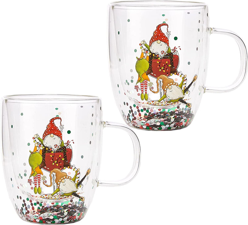 Set of 2 Christmas Elf Design Tumbler Mugs - Confetti Filled 9.5 oz Decorated Christmas Glass - Perfect for Wine, Eggnog, Cocoa, Holiday Parties & Festivities - 4.25" High, 9.5 oz Capacity