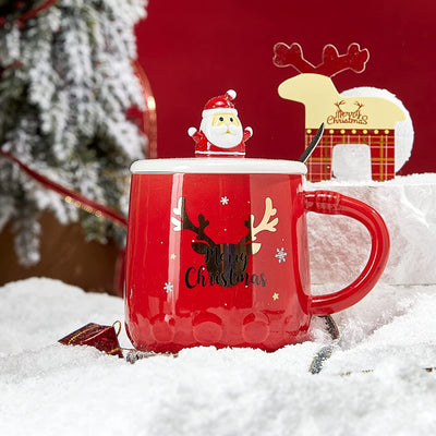 Santa's Christmas Reindeer Mug Festive with Spoon and Santa Hat Lid - Ceramic Microwave & Dishwasher Safe - 14oz Holiday Mugs for Coffee, Hot Chocolate, Eggnog - Merry Christmas - Red Great Gift!