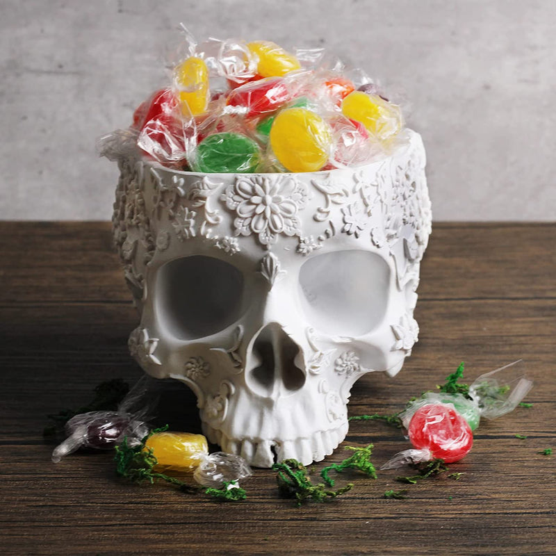 Skull Halloween Candy Server Bowl, 6" Spooky Decorations Sugar Snack Tray, Deep Polyresin Skulls Pot, Indoor Plants & Flowers - Serving Tray, Modern, Skeleton Home Decor, Goth Trick Or Treat (White)