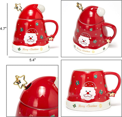 Santa's Christmas Tree Hat Mug Festive with Elf & Santas Hat Lid - Ceramic Microwave & Dishwasher Safe - 14oz Holiday Mugs for Coffee, Hot Chocolate, Eggnog - Merry Christmas - Red Great Gift!