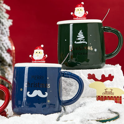 Santa's Christmas Reindeer Mug Festive with Spoon and Santa Hat Lid - Ceramic Microwave & Dishwasher Safe - 14oz Holiday Mugs for Coffee, Hot Chocolate, Eggnog - Merry Christmas - Blue Great Gift!
