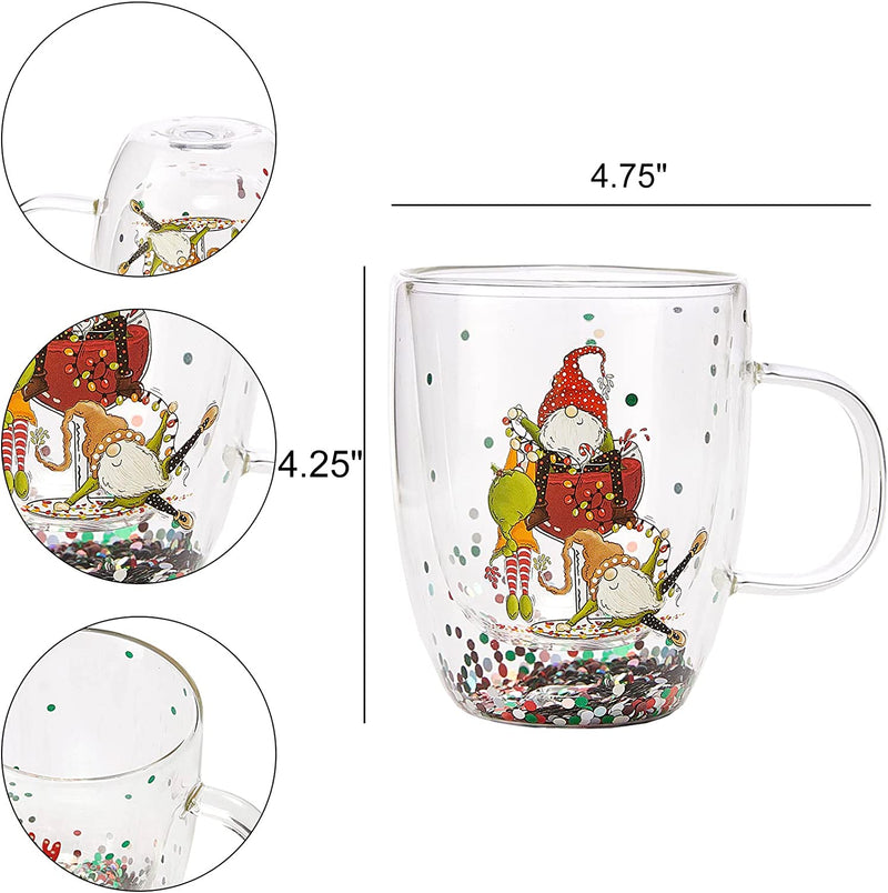 Set of 2 Christmas Elf Design Tumbler Mugs - Confetti Filled 9.5 oz Decorated Christmas Glass - Perfect for Wine, Eggnog, Cocoa, Holiday Parties & Festivities - 4.25" High, 9.5 oz Capacity