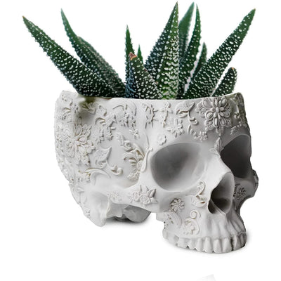 Skull Halloween Candy Server Bowl, 6" Spooky Decorations Sugar Snack Tray, Deep Polyresin Skulls Pot, Indoor Plants & Flowers - Serving Tray, Modern, Skeleton Home Decor, Goth Trick Or Treat (White)