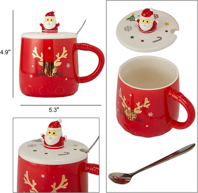 Santa's Christmas Reindeer Mug Festive with Spoon and Santa Hat Lid - Ceramic Microwave & Dishwasher Safe - 14oz Holiday Mugs for Coffee, Hot Chocolate, Eggnog - Merry Christmas - Red Great Gift!