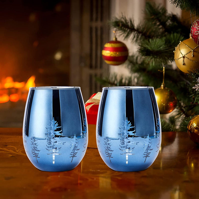 Crystal Winter Tree Wine & Water Stemless Glasses - Set of 2 - Blue Themed Vibrant Etched Winter Snow Wonderland Frosted Glass, Perfect for Themed Parties, Gifts for Him & Her Trees