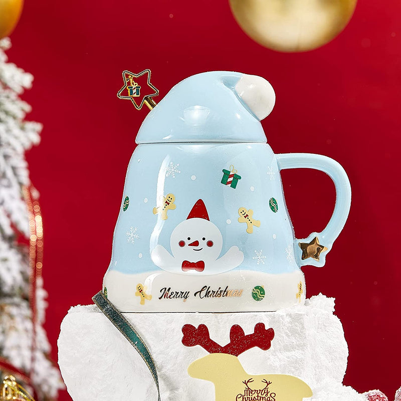 Snowman Christmas Tree Hat Mug Festive with Elf & Santas Hat Lid - Ceramic Microwave & Dishwasher Safe - 14oz Holiday Mugs for Coffee, Hot Chocolate, Eggnog - Merry Christmas - Blue Great Gift!