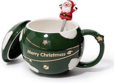Christmas Kids Mug Santa Claus Large Festive Happy Spehre Mug - Santa Spoon & Lid - Green - Ceramic Microwave & Dishwasher Safe - 14oz Holiday Mugs - Coffee, Hot Chocolate, Eggnog - Merry Gift