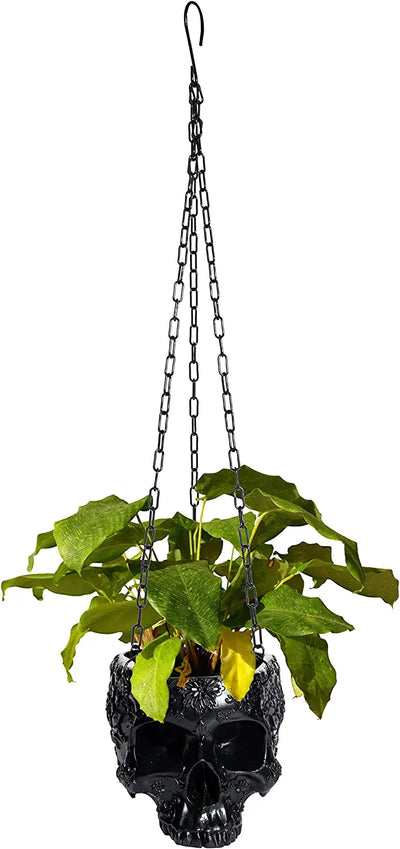Skeleton Hanging Skull Plant Planter Pot Black - with Metal Chain & Hook - 6" H Skulls Pot Indoor Plants & Flowers - for Succulents, Plants, Flowers, Home Spooky Goth Gothic Decor, Black