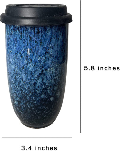 Gute Ceramic Reactive Blue Mug 6"H - Tea & Coffee Mug with Splash Proof Lid, Large Blue Coffee Mug Water Bottle Blue Reactive Glaze Coffee Cup Handmade Pottery Big Tea Cup for Office and Home 16oz