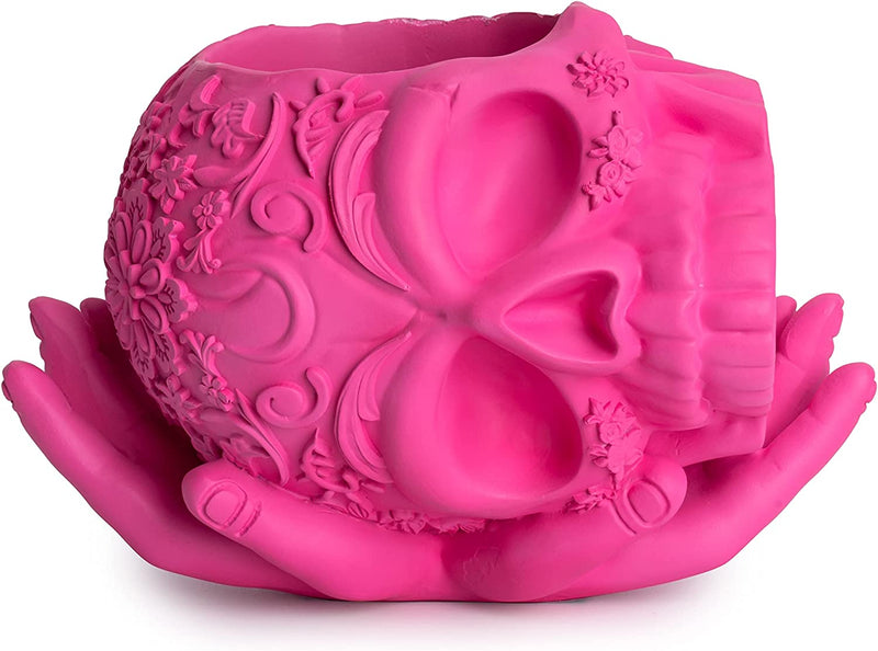 Skull Halloween Candy Bowl, Plant Planter Pot with Hand | Spooky Goth Gothic Home Decoration, Extra Large, Strong Resin, Skeleton Sweet Sugar Serving Tray, Skull and Bones Trick Or Treat Décor (Pink)