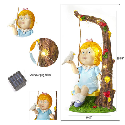 Large Fairy Girl On Tree Swing Holding Bird Statue Solar Light, Adorable Gardens Gnome Decor, Garden Art Décor | Durable Resistant Indoor & Outdoor Ornament LED Flowers Lawn, Yard, Patio, 9.5” x 19”