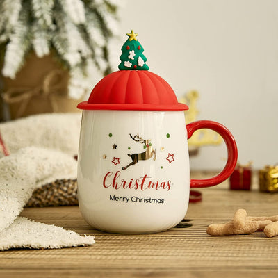 Christmas Tree Reindeer Santa's Festive Mug with Trees Spoon &Lid - Ceramic Microwave & Dishwasher Safe - 14oz Holiday Mugs for Coffee, Hot Chocolate, Eggnog - Merry Christmas - White Great Gift