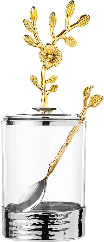 Golden Flower Leaf Jam Jar by Gute - Stainless Steel Silver and Gold, Beautiful Gold Leaf Spoon Jar Great for Jam, Honey, Jelly, Body Butters, Birthday Gift, Wedding Gift, Anniversary Gift