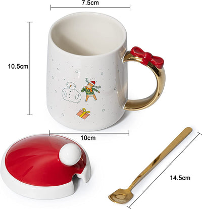 Christmas Mug Santa and Deer Red Lid with Gold Spoon - Cute Coffee & Tea Milk Cup - Holiday Festive Gift, 16oz Winter Season Cup, Cute Merry Santa, Reindeer, Snowman, Ugly Sweater - Enamel (1)