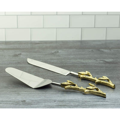 Gold Leaf Cake Servers 2 pcs Cake Knife and Serving Spatula Set Gold Leaf Design, Stainless Steel and Brass Two Tone Ideal for Weddings, Party's, Elegant Events