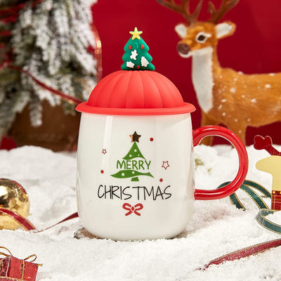 Merry Christmas Tree Reindeer Santa's Festive Mug with Trees Spoon &Lid - Ceramic Microwave & Dishwasher Safe - 14oz Holiday Mugs for Coffee, Hot Chocolate, Eggnog - Red & White - White Great Gift